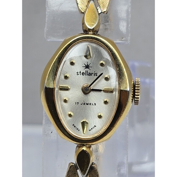 Vintage Stellaris 17 Jewels Swiss Made Womens Gold Tone Oval Wind Up Dress Watch main image 11